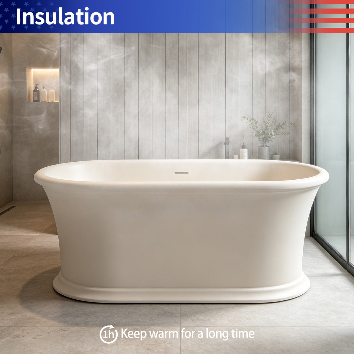 61 in. Matte Cream Solid Surface Freestanding Soaking Bathtub