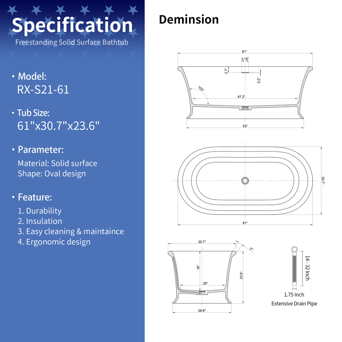 RAINLEX 61" Solid Surface Freestanding Soaking Bathtub