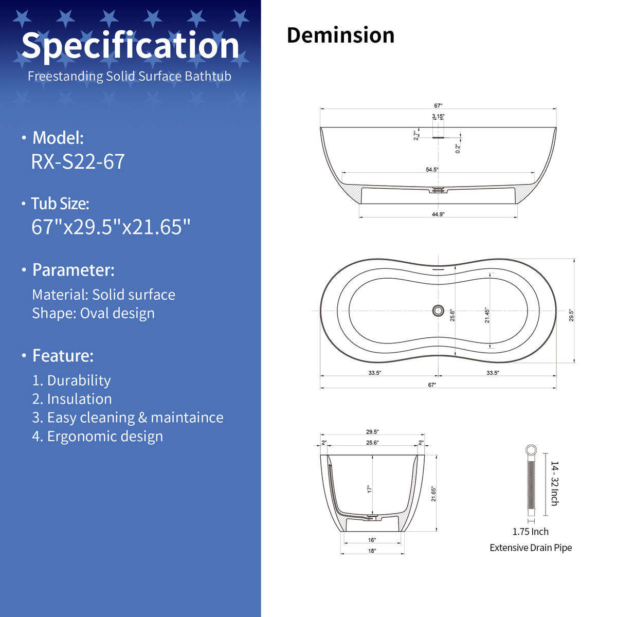 RAINLEX 67" Solid Surface Freestanding Soaking Bathtub (S22)