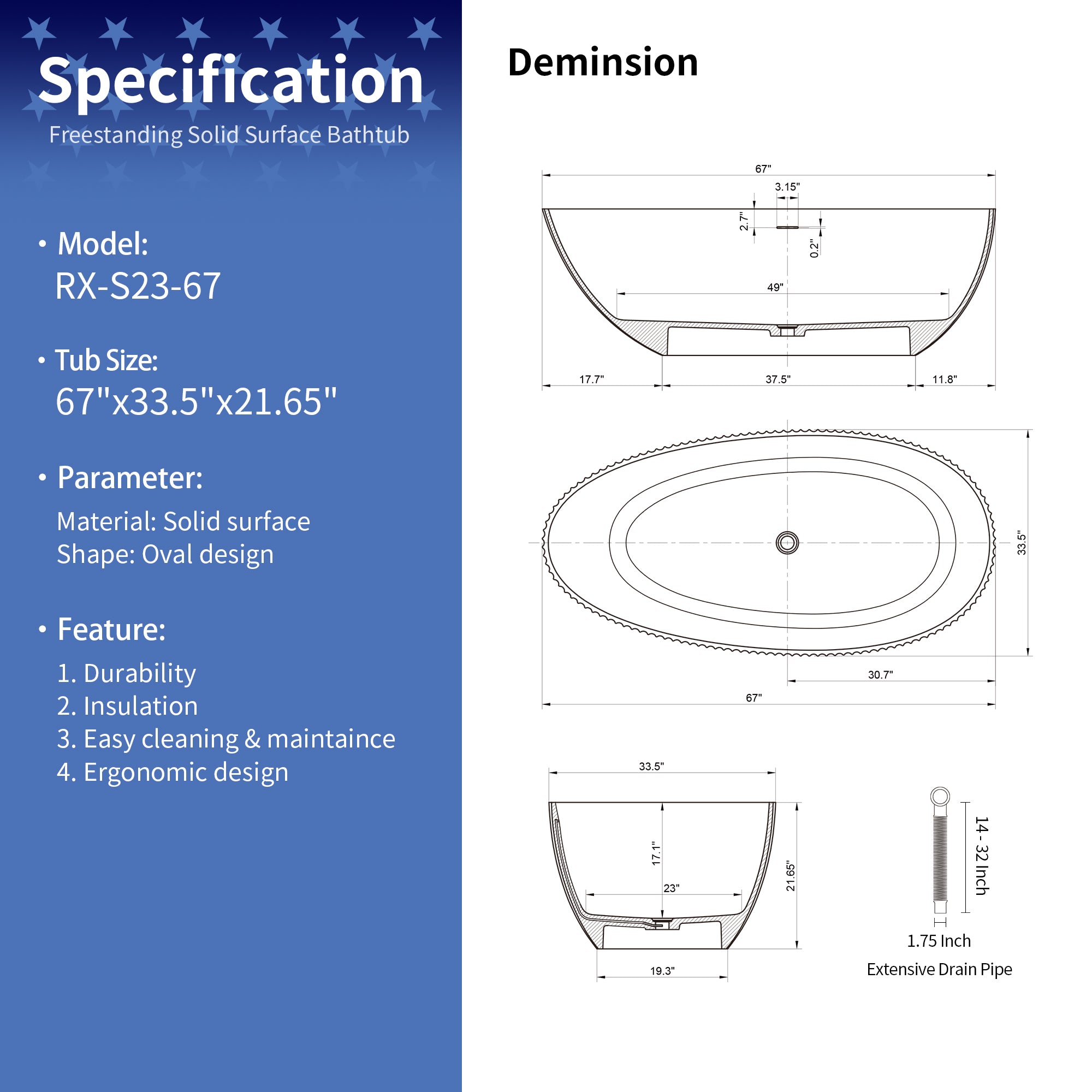 67" Solid Surface Freestanding Soaking Bathtub (S23)