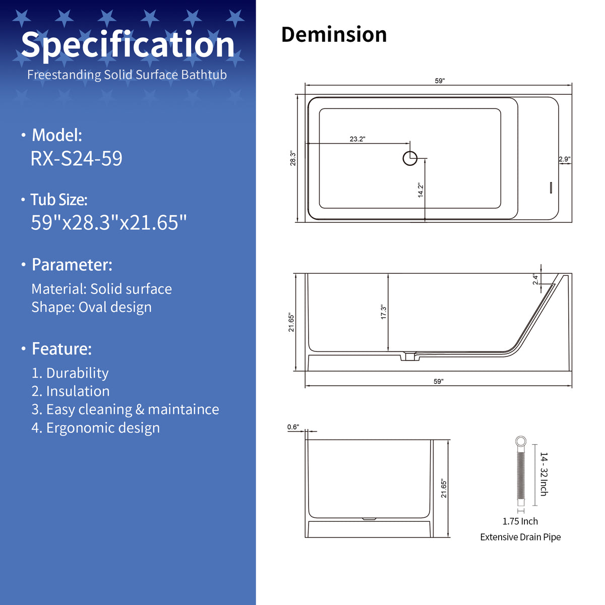 59" Solid Surface Freestanding Soaking Bathtub