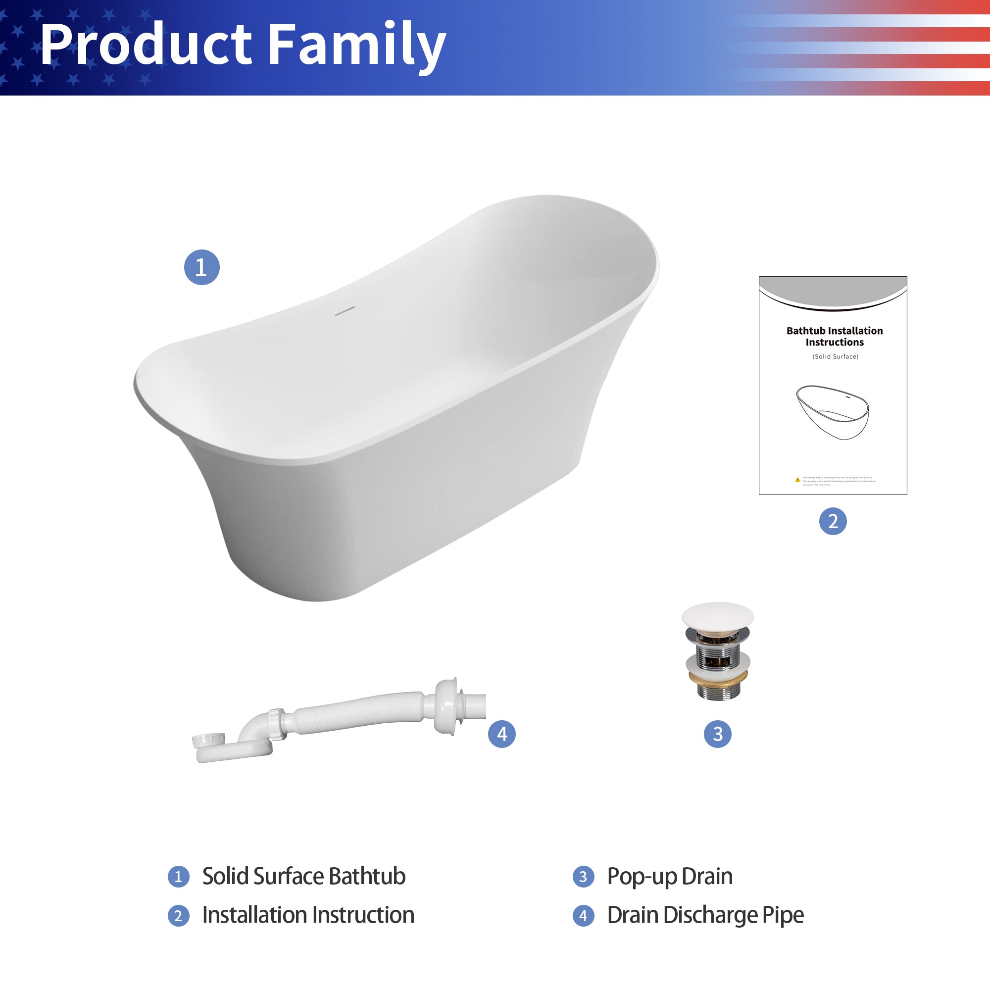 69" Solid Surface Freestanding Soaking Bathtub
