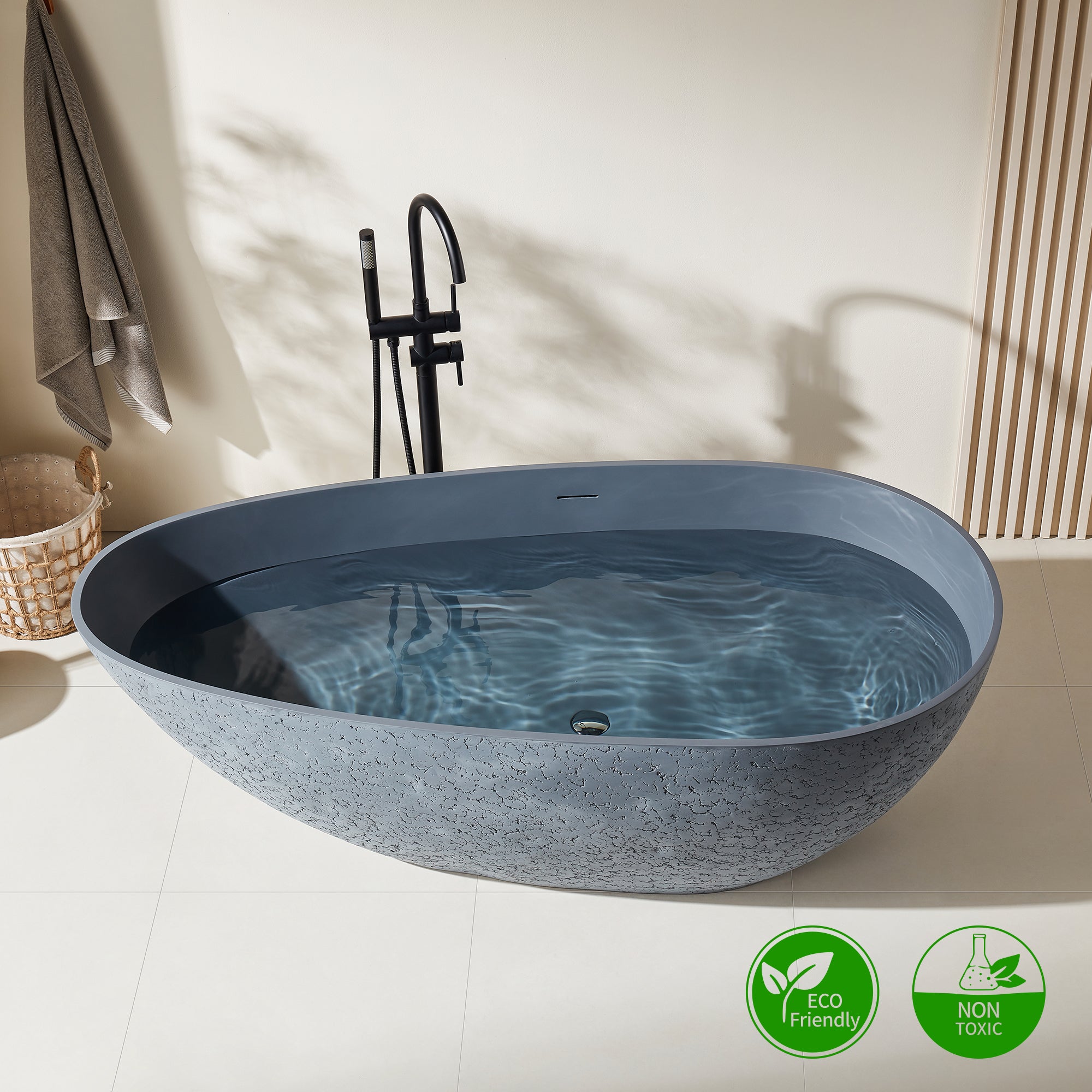 Rainlex 67" Egg-Shaped Cement-Textured Stone Resin Freestanding Bathtub