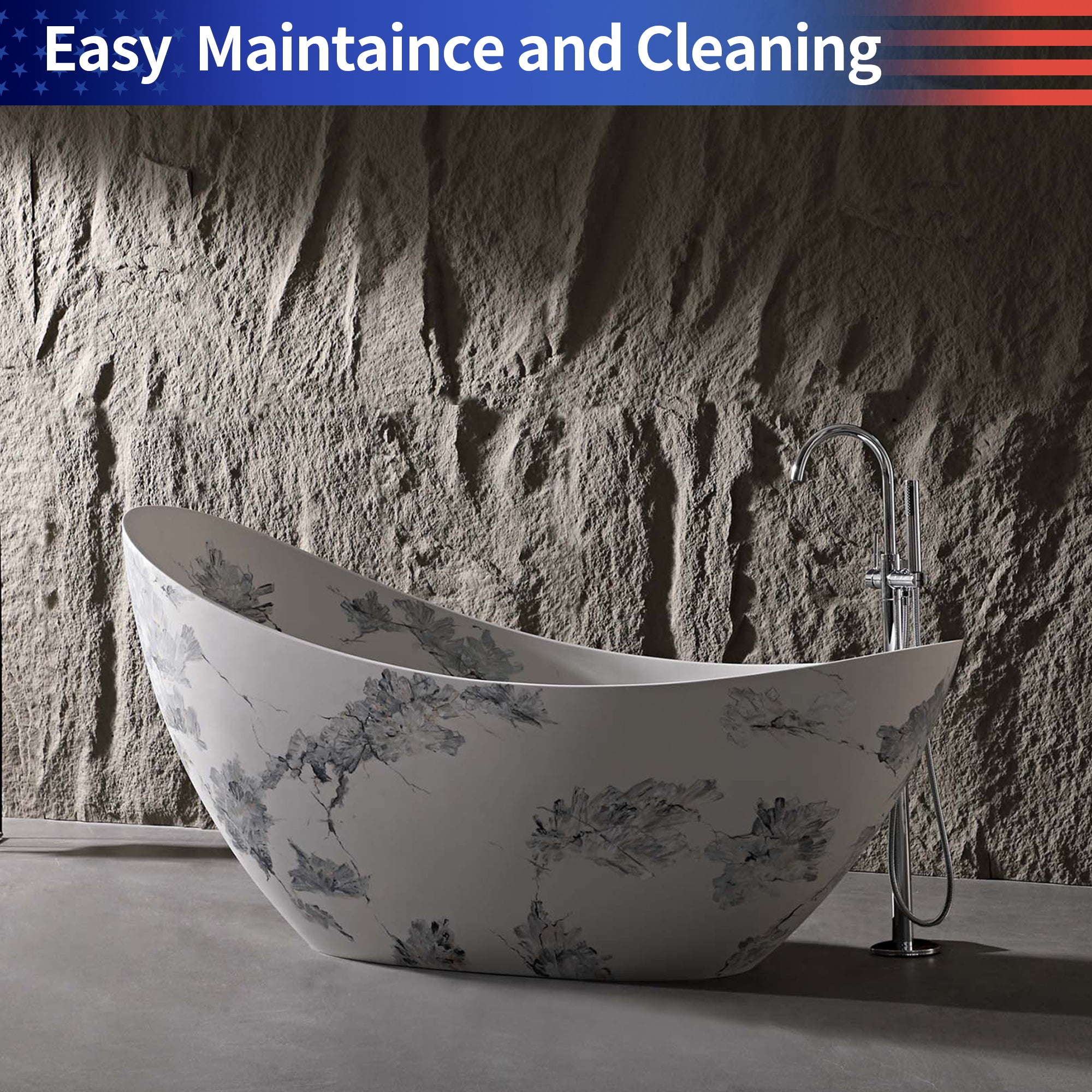 Rainlex 74" Matte Black Solid Surface Freestanding Bathtub with Gold Veining