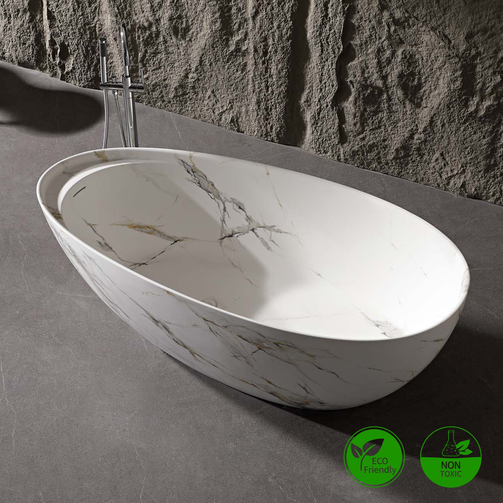 Rainlex 67" Matte White Solid Surface Freestanding Bathtub with Black & Gold Veining