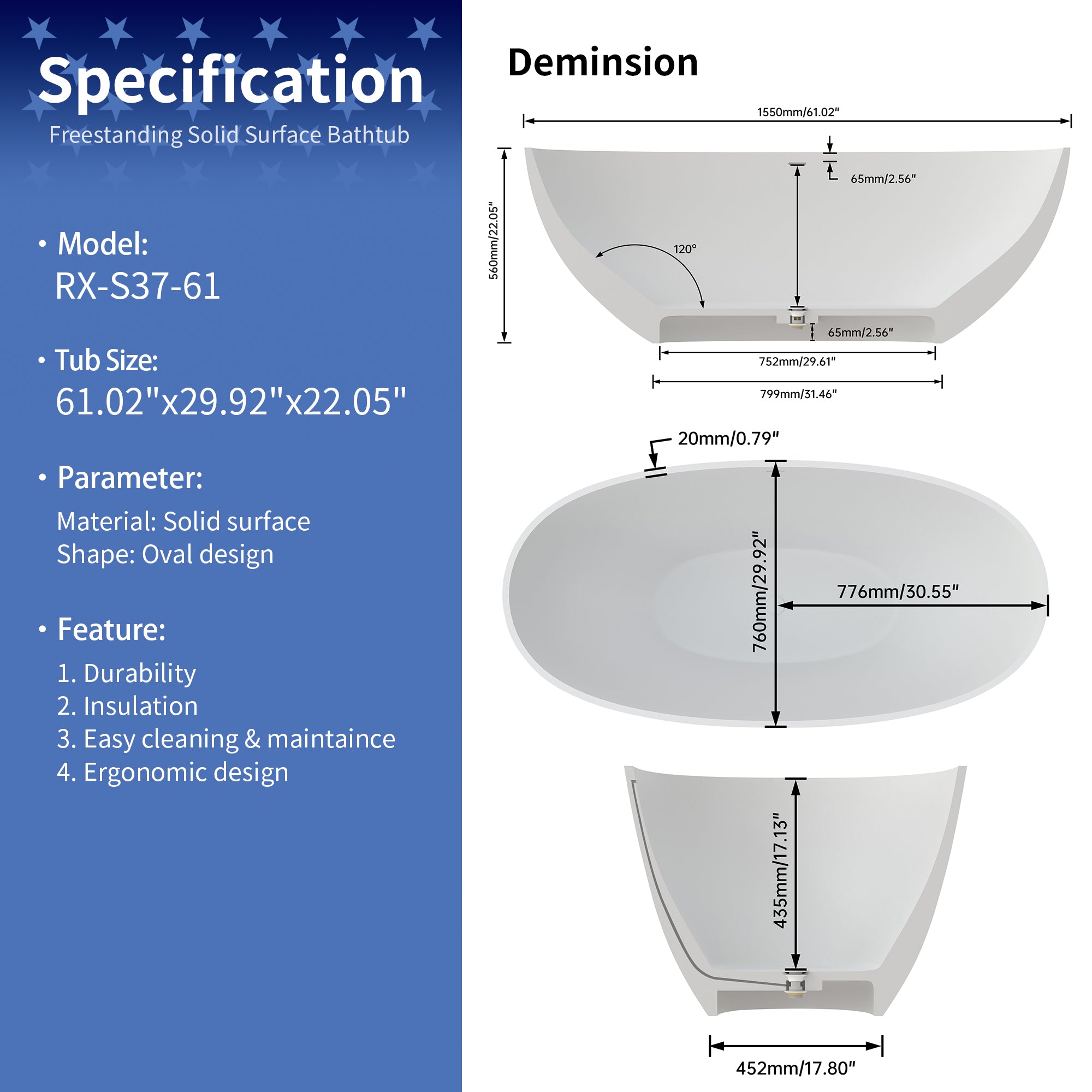 55" Stone Resin Freestanding Soaking Bathtub