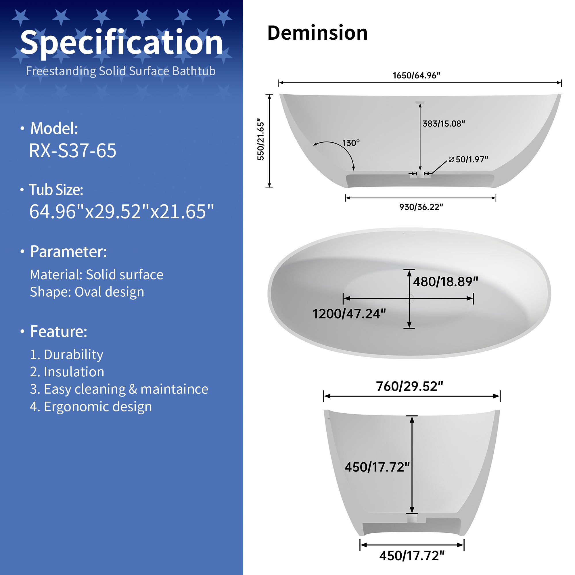 55" Stone Resin Freestanding Soaking Bathtub