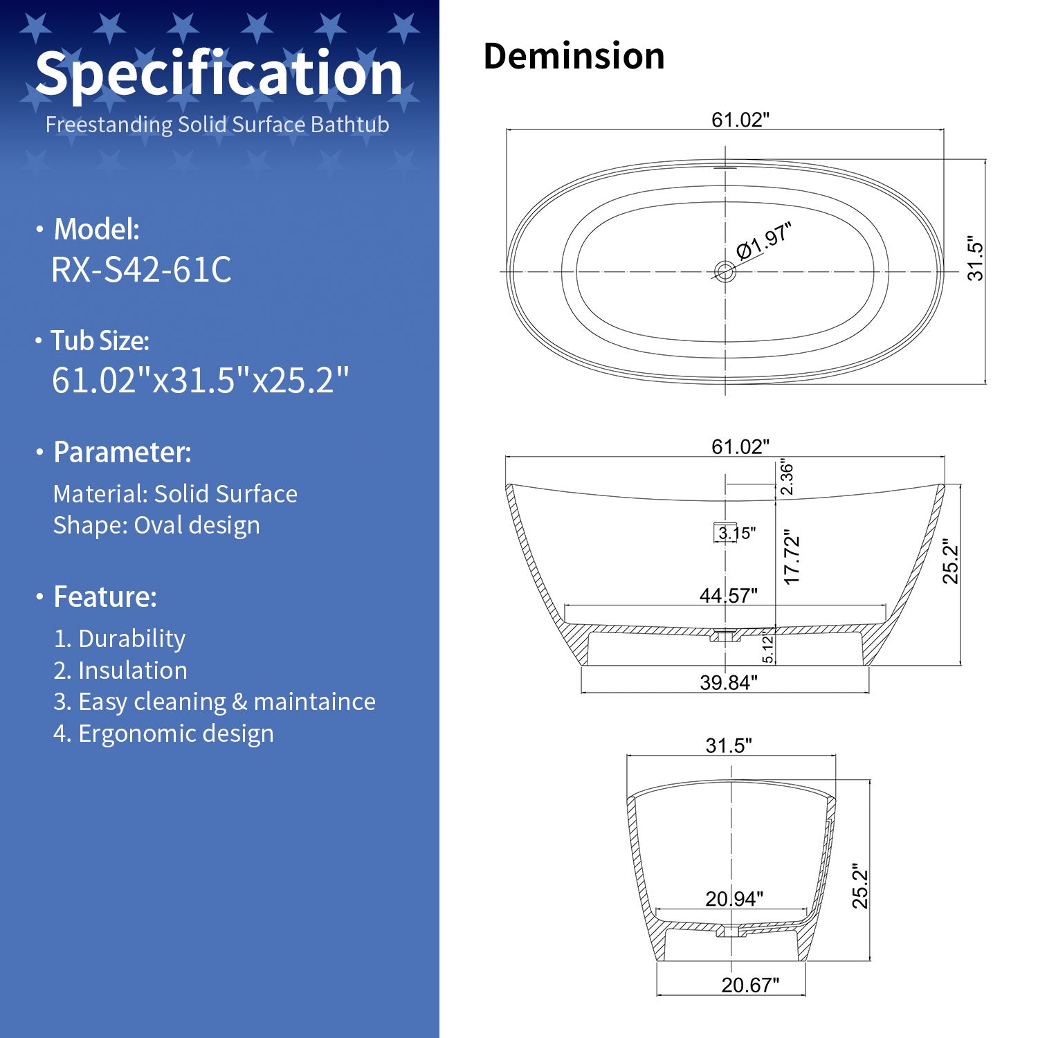 61 in. Oval Solid Surface Freestanding Soaking Bathtub, Stone Resin Deep Soaking Tub with Center Drain