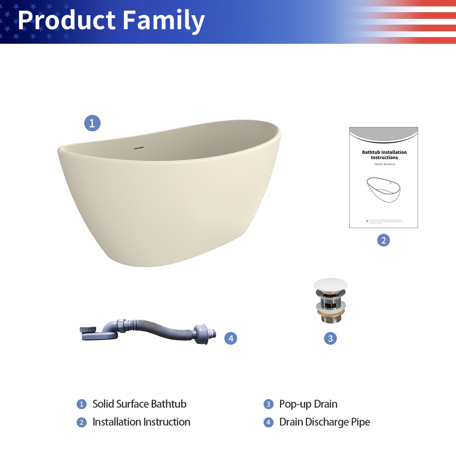 61 in. Oval Solid Surface Freestanding Soaking Bathtub, Stone Resin Deep Soaking Tub with Center Drain