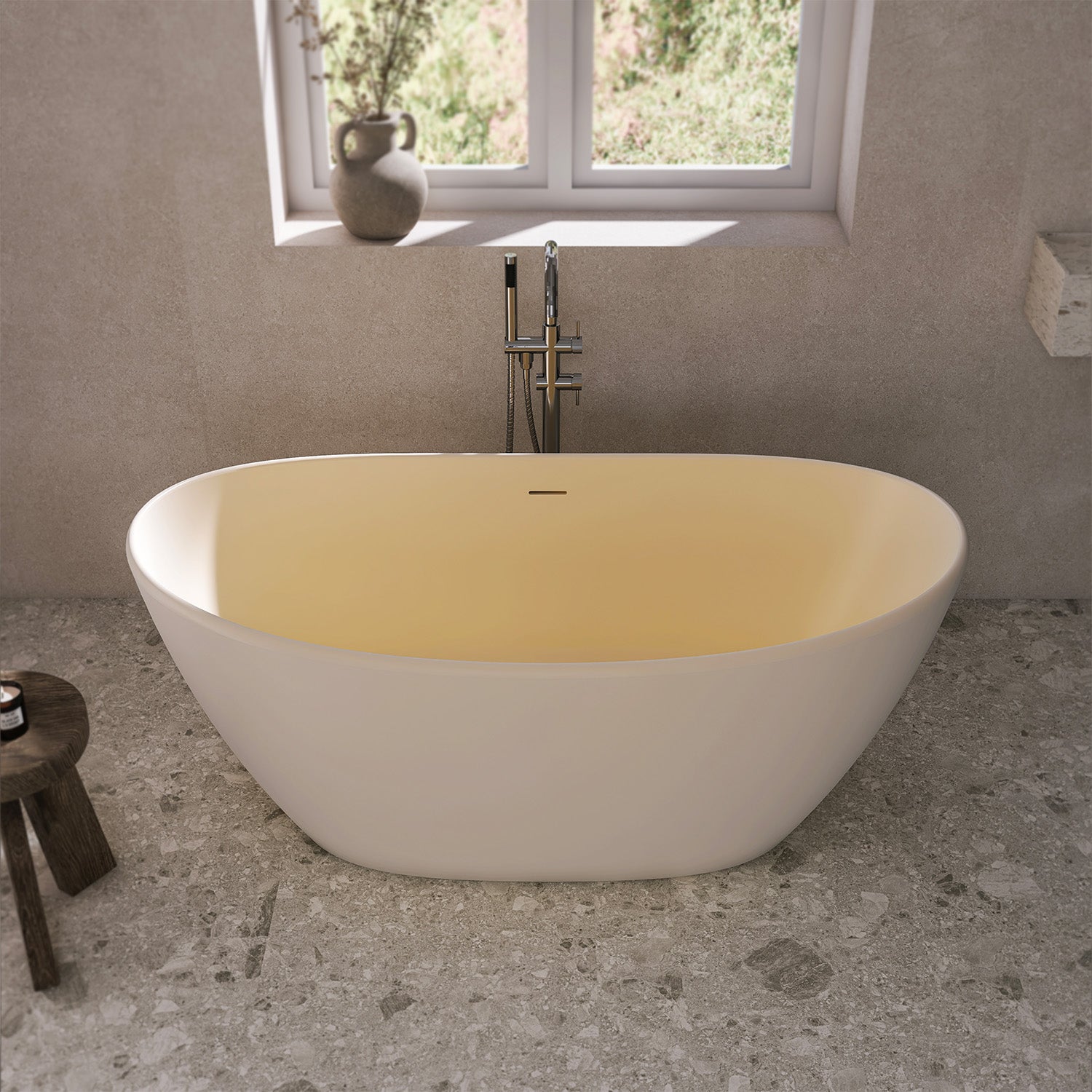 61 in. Oval Solid Surface Freestanding Soaking Bathtub, Stone Resin Deep Soaking Tub with Center Drain