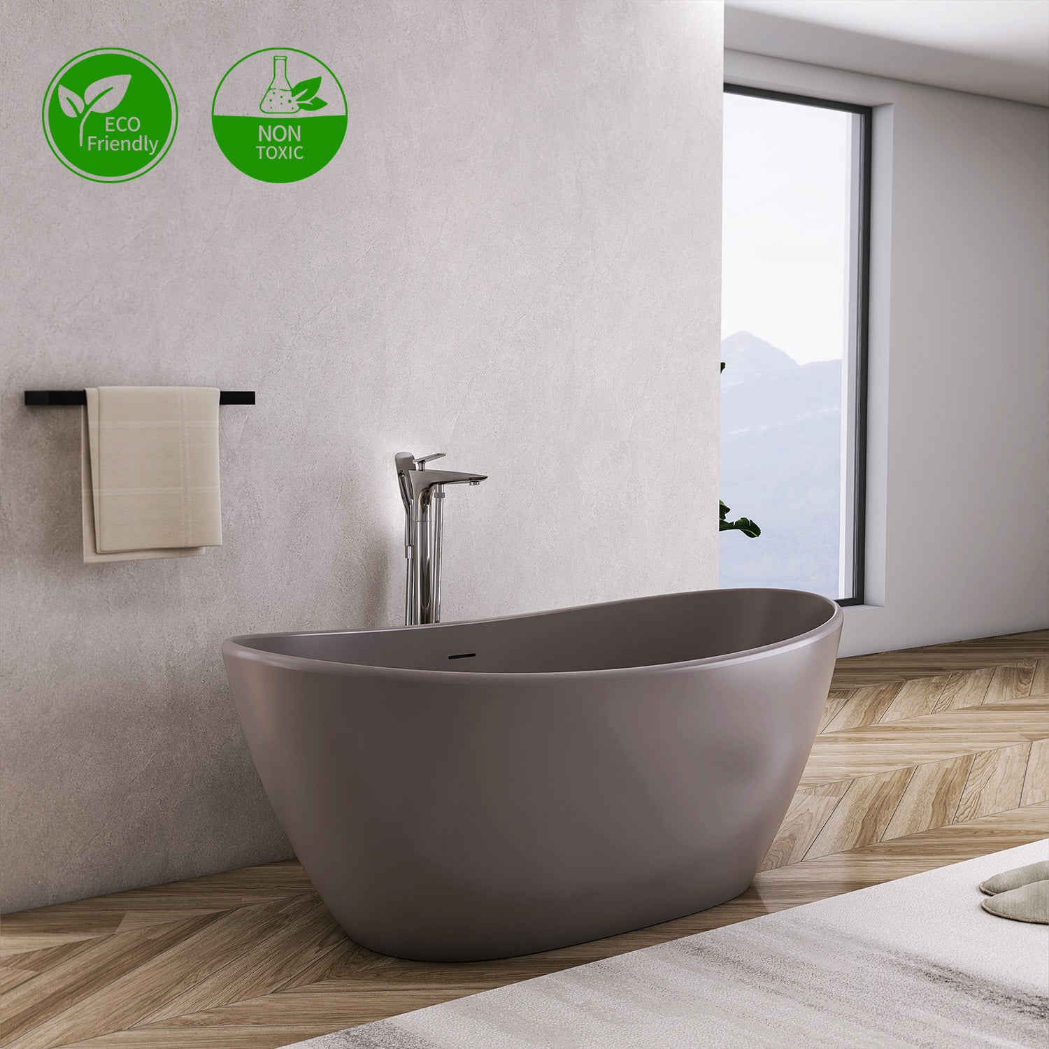 61 in. Oval Solid Surface Freestanding Soaking Bathtub, Stone Resin Deep Soaking Tub with Center Drain