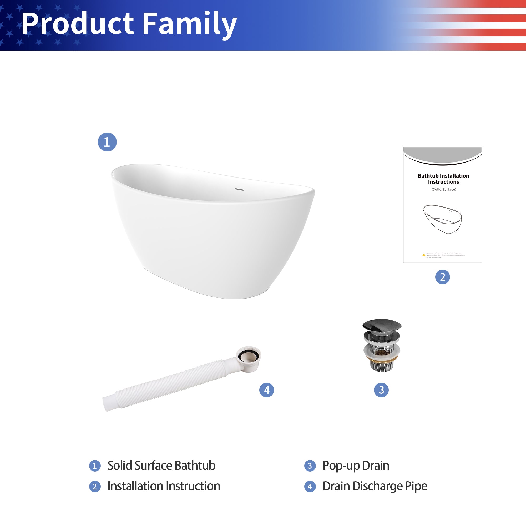 61 in. Oval Solid Surface Freestanding Soaking Bathtub, Stone Resin Deep Soaking Tub with Center Drain