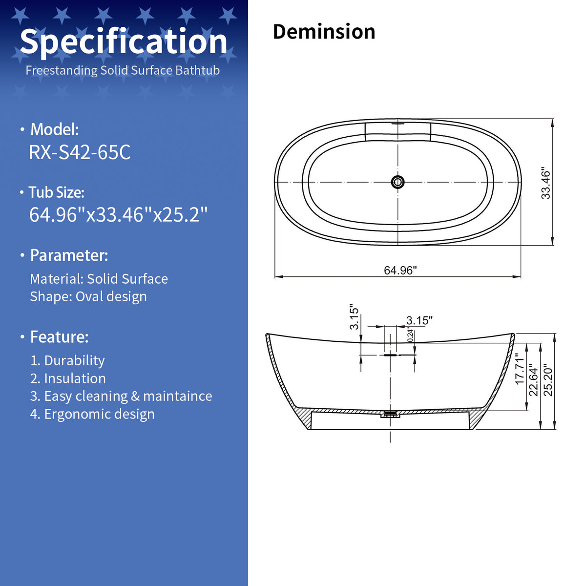 RAINLEX 65 in. Oval Solid Surface Freestanding Soaking Bathtub with Center Drain