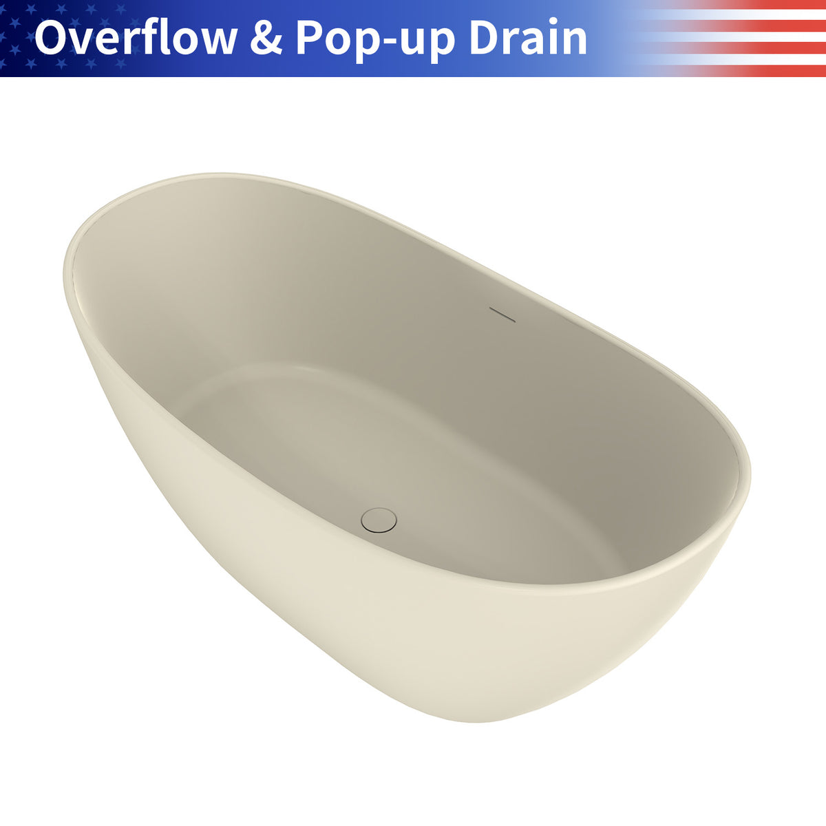 RAINLEX 65 in. Oval Solid Surface Freestanding Soaking Bathtub with Center Drain