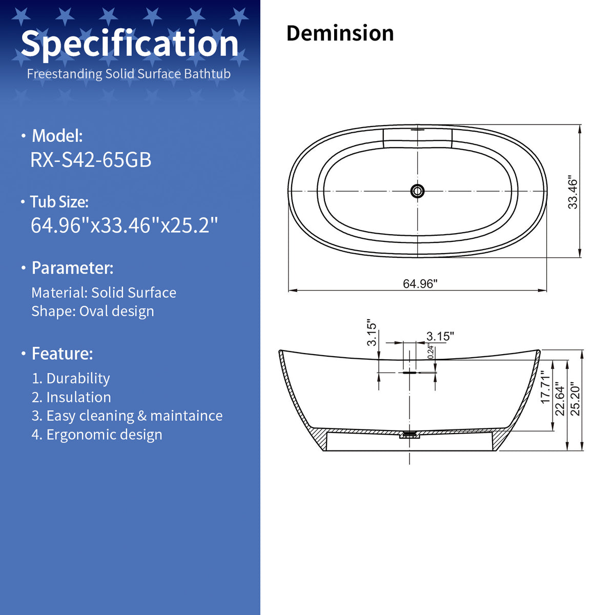 RAINLEX 65 in. Oval Solid Surface Freestanding Soaking Bathtub with Center Drain