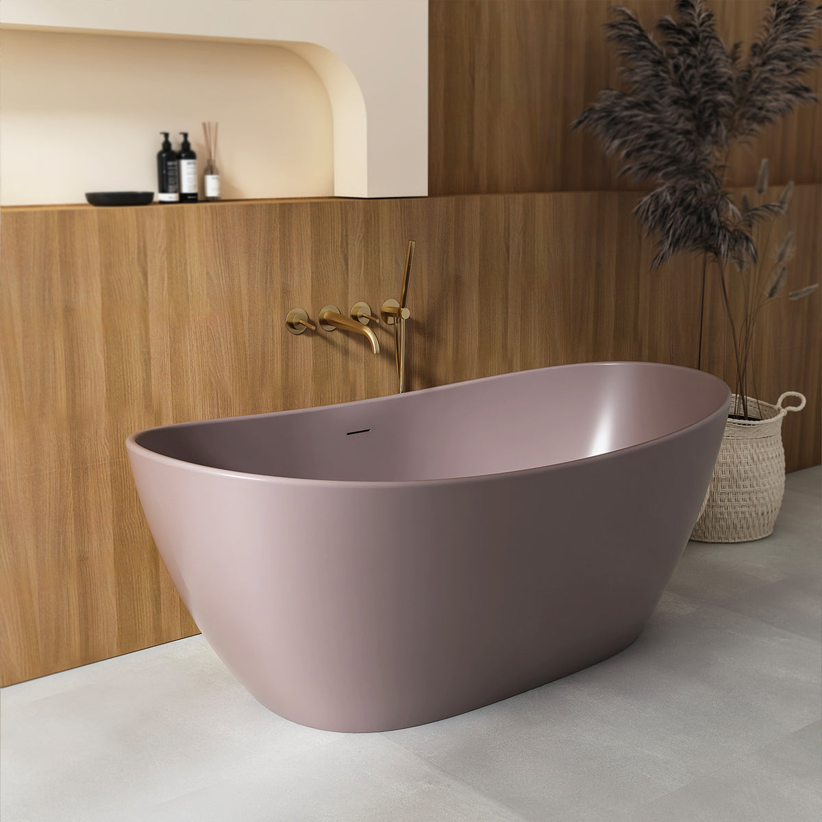 RAINLEX 65 in. Oval Solid Surface Freestanding Soaking Bathtub with Center Drain