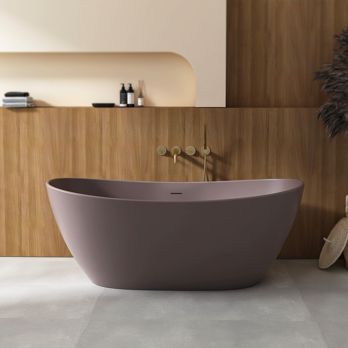 RAINLEX 65 in. Oval Solid Surface Freestanding Soaking Bathtub with Center Drain