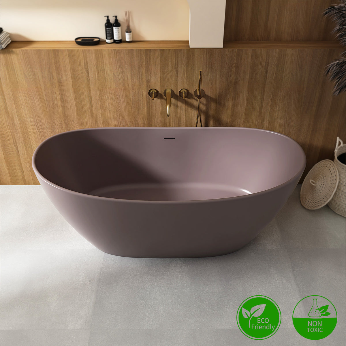 RAINLEX 65 in. Oval Solid Surface Freestanding Soaking Bathtub with Center Drain