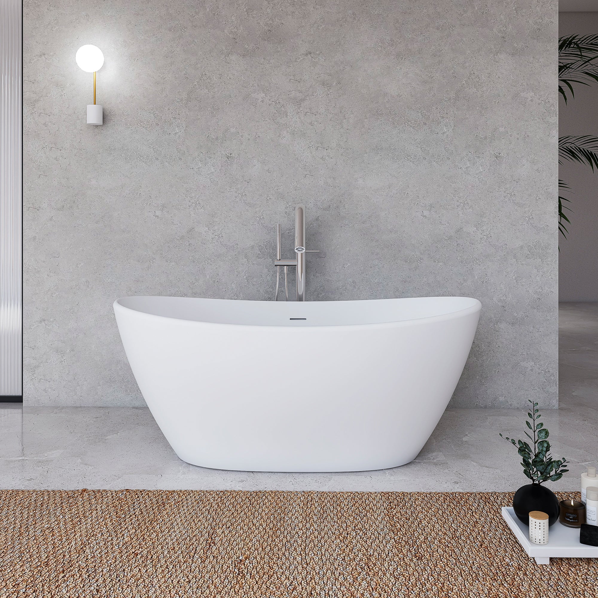 65 in. Oval Solid Surface Freestanding Soaking Bathtub, Stone Resin Deep Soaking Tub with Center Drain