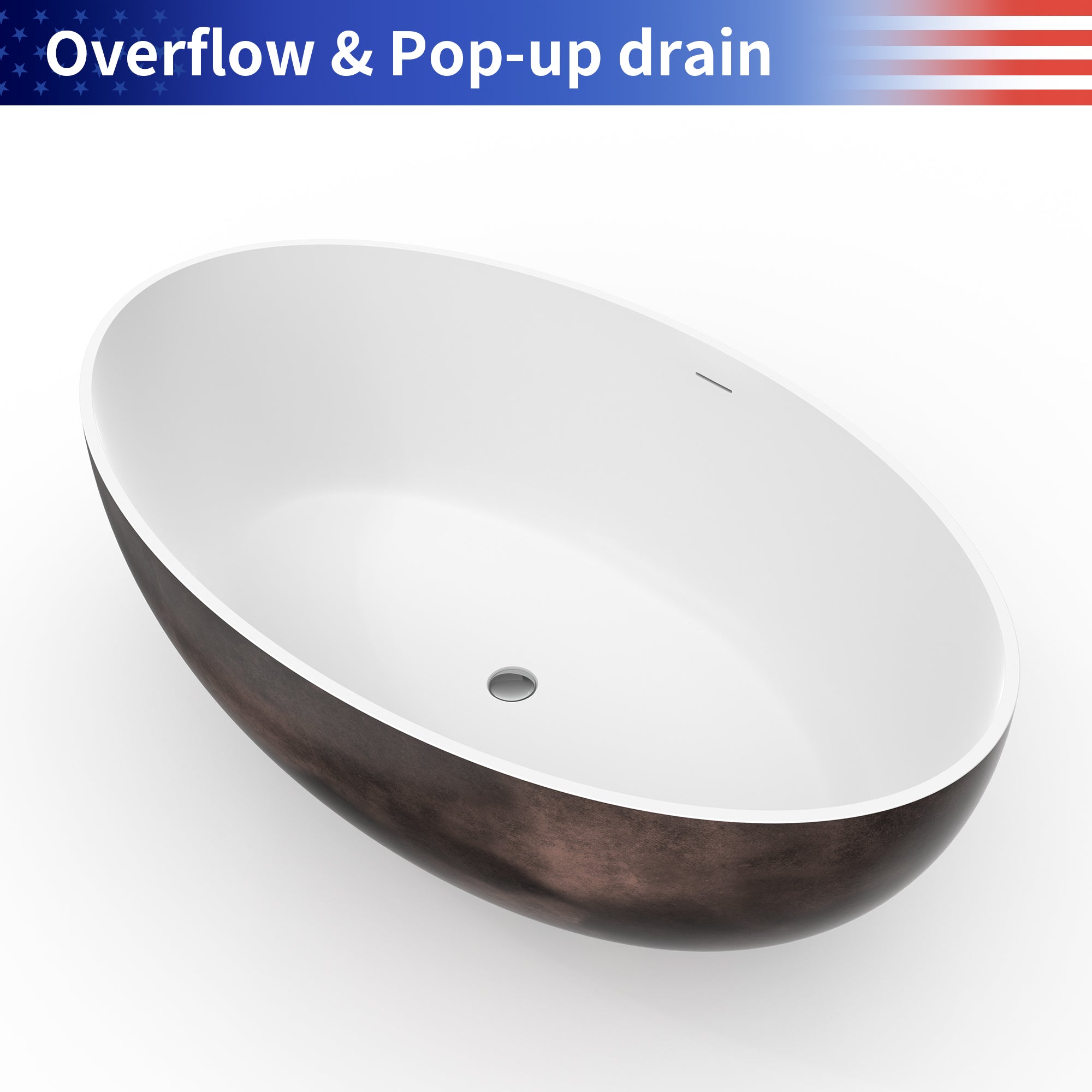 67" Solid Surface Freestanding Soaking Bathtub, Walnut Accent
