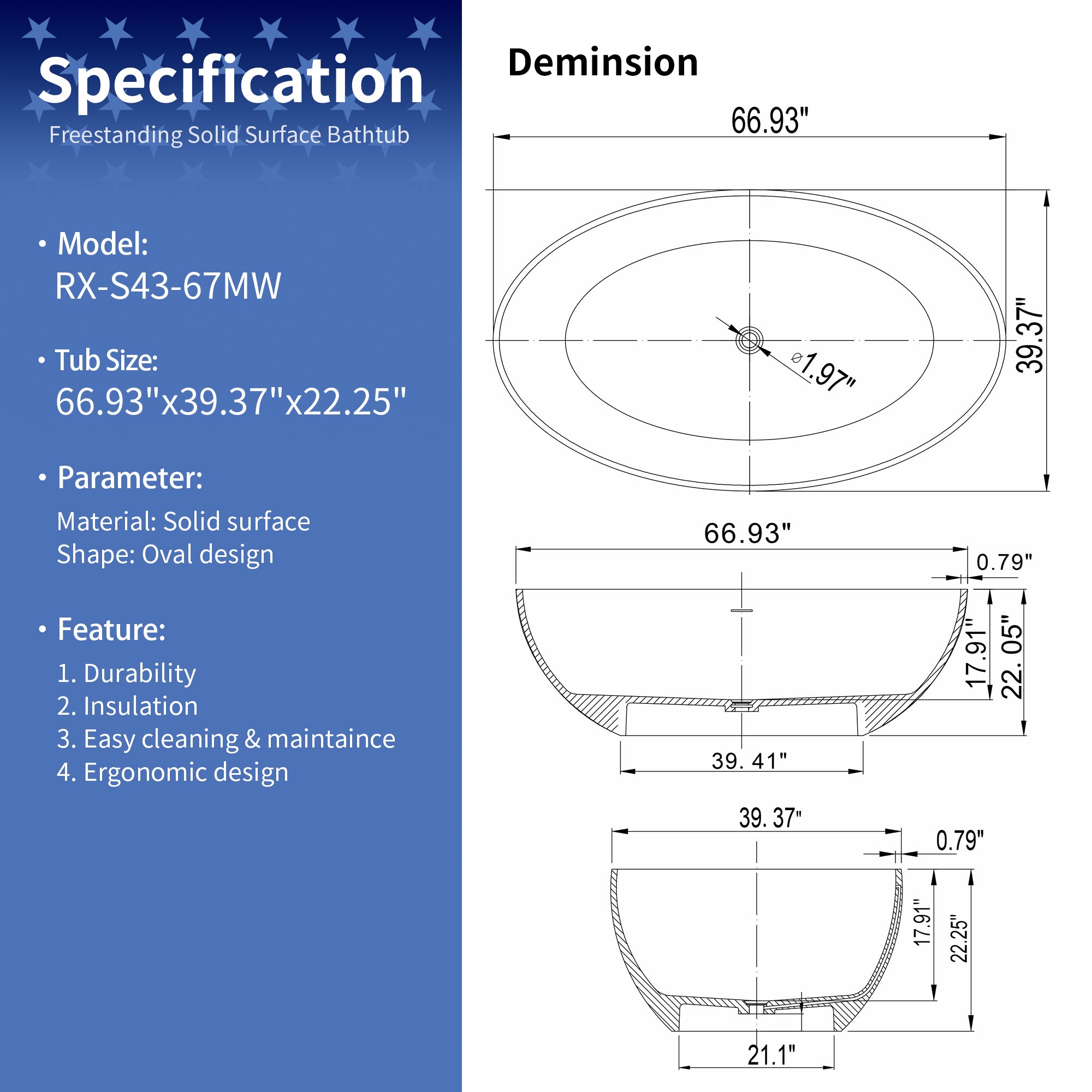 67" Solid Surface Freestanding Soaking Bathtub, Walnut Accent