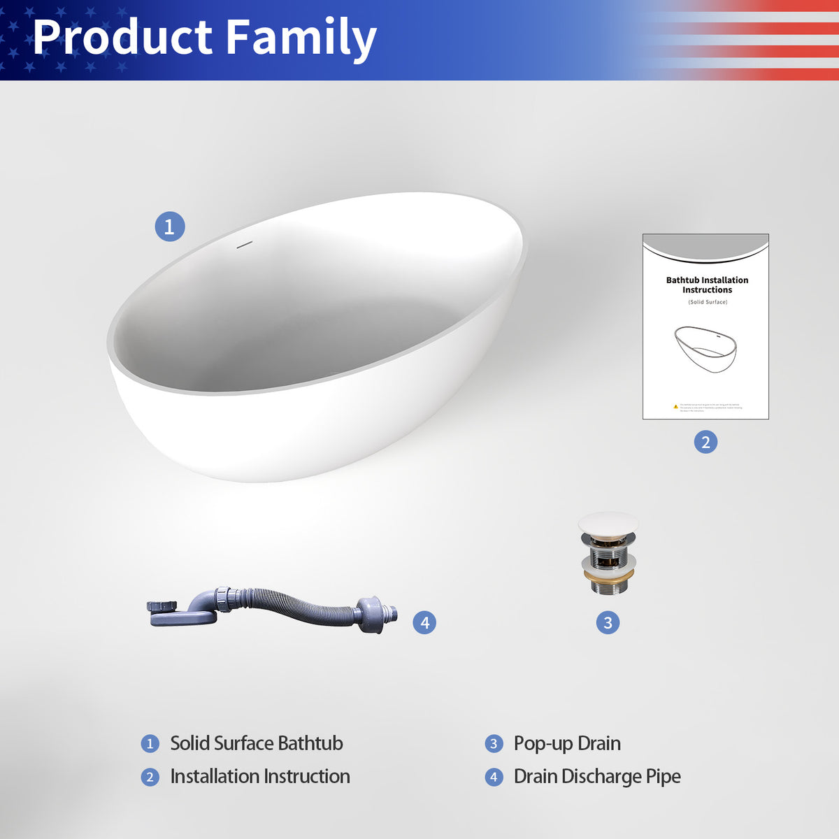 RAINLEX 67 in. Oval Solid Surface Freestanding Soaking Bathtub