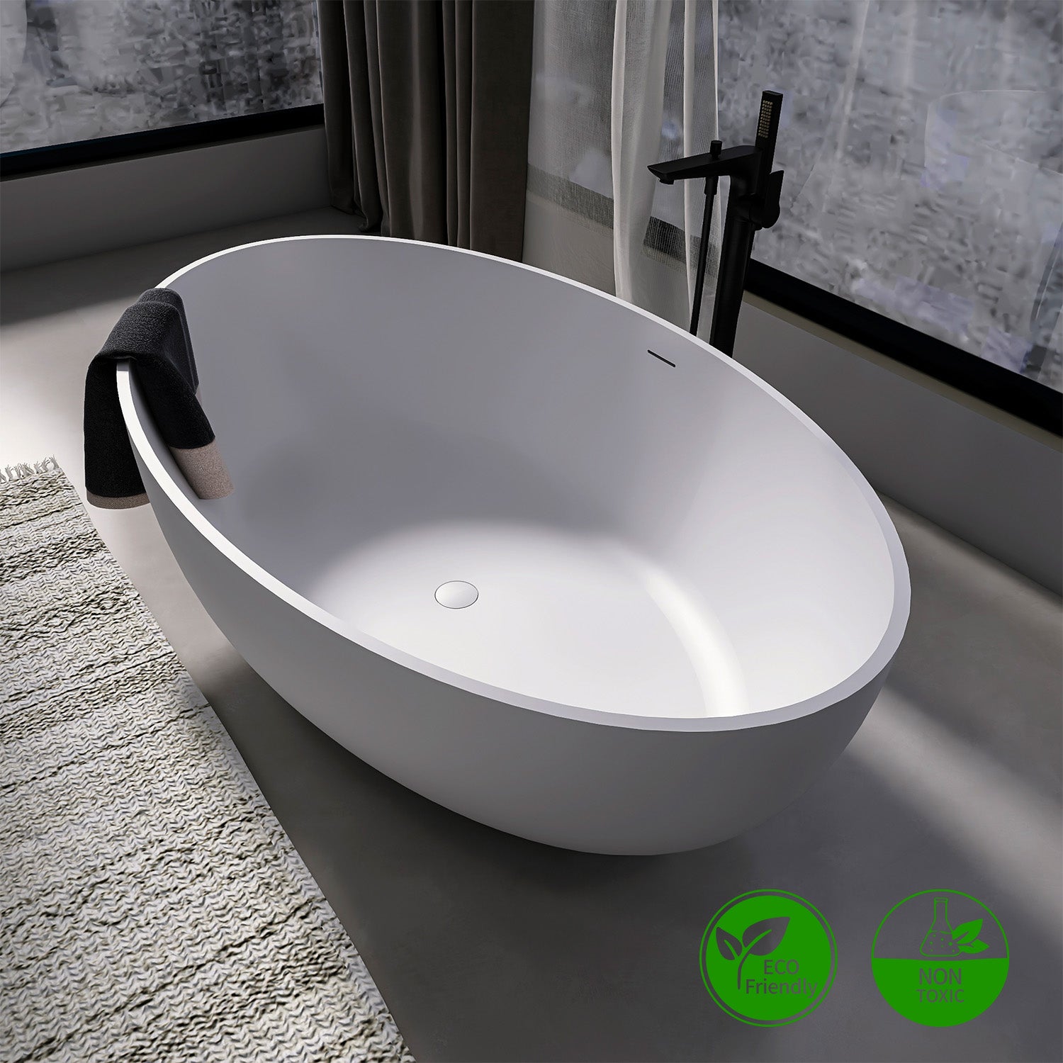 67 in. Oval Solid Surface Freestanding Soaking Bathtub, Matte White Deep Soaking Tub with Center Drain for Modern Bathroom