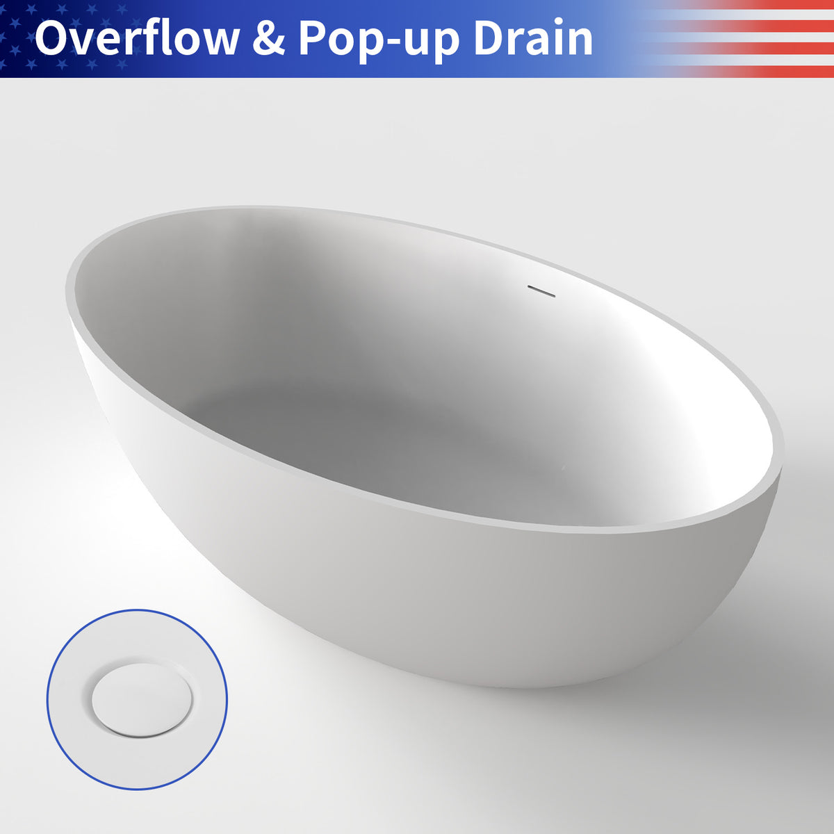 RAINLEX 67 in. Oval Solid Surface Freestanding Soaking Bathtub