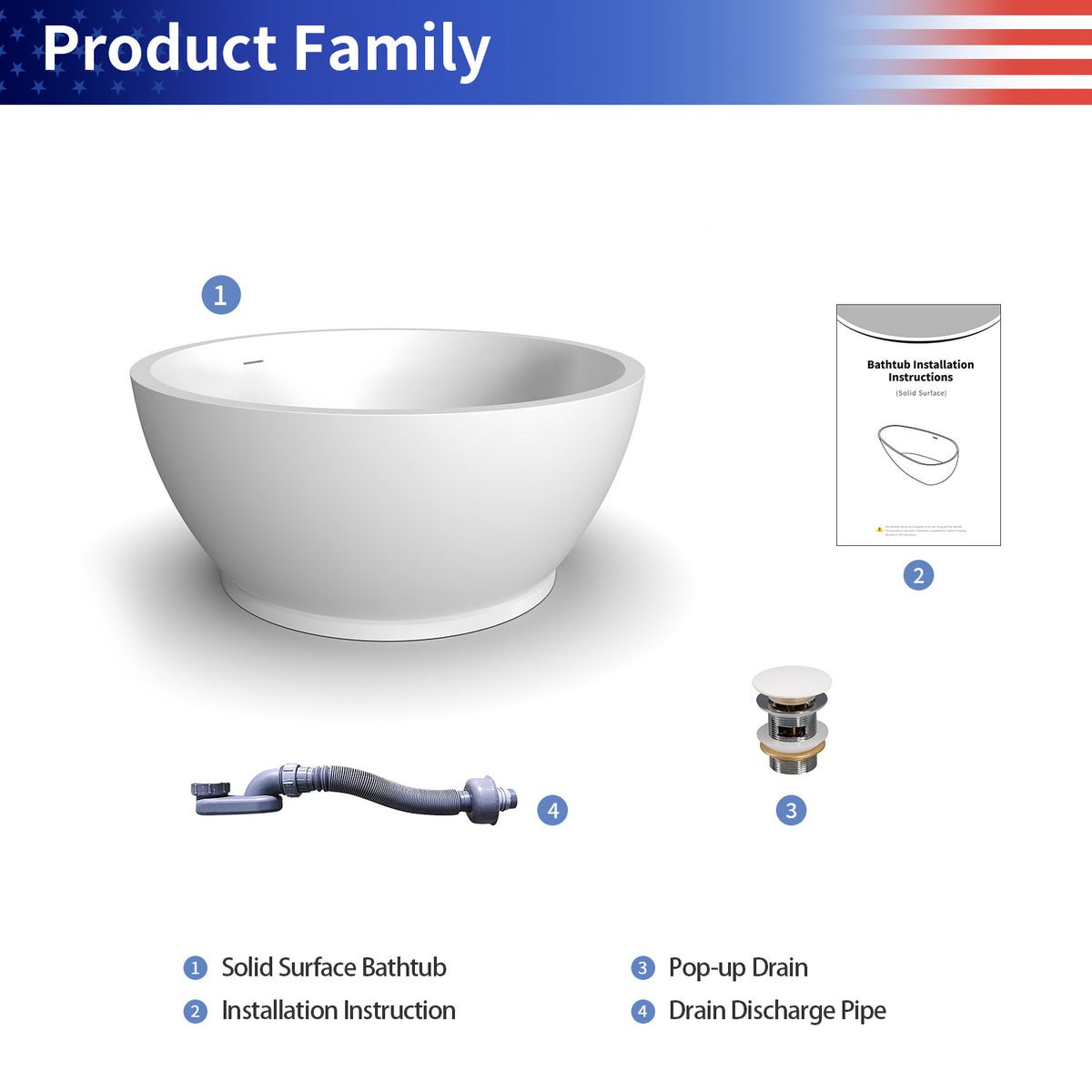 RAINLEX 53 in. Round Solid Surface Freestanding Soaking Bathtub, Matte White
