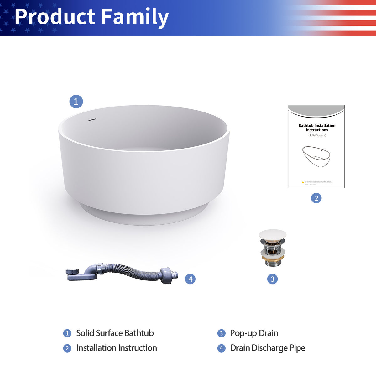 RAINLEX 49 in. Round Solid Surface Freestanding Soaking Bathtub