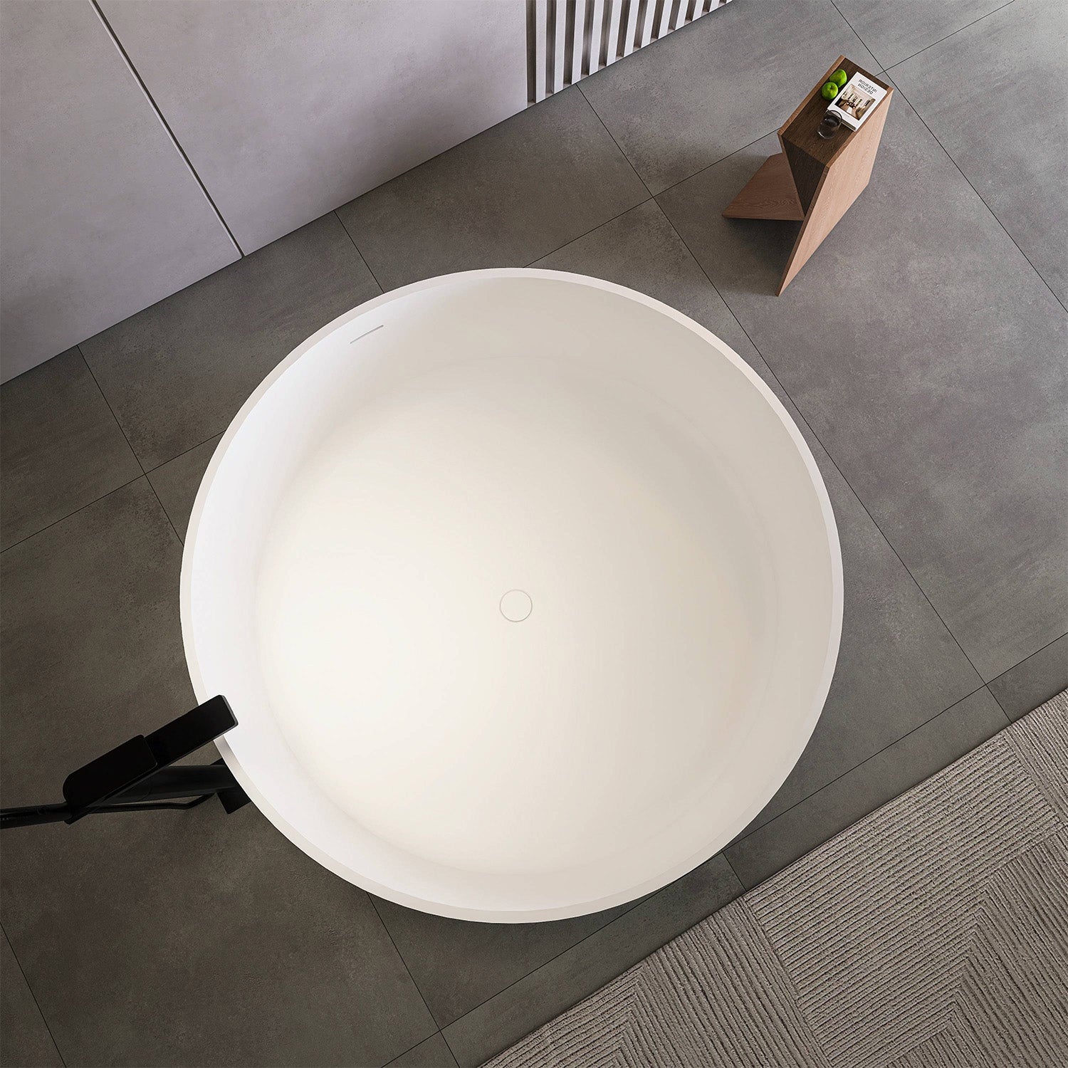 49 in. Round Solid Surface Freestanding Soaking Bathtub, Matte White One-Piece Bathtub with Center Drain