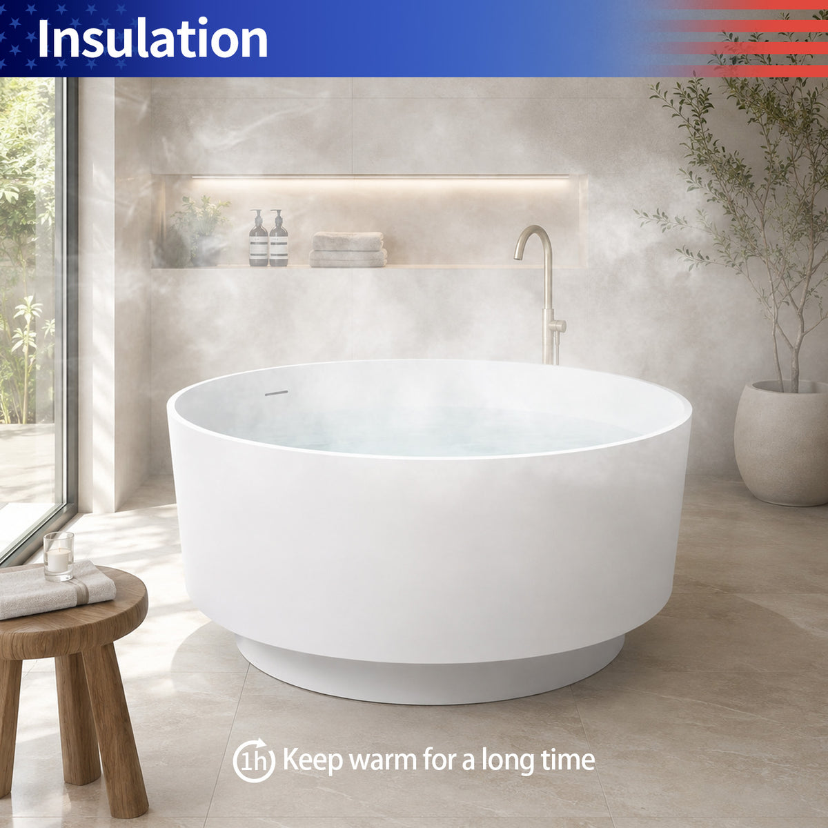 RAINLEX 49 in. Round Solid Surface Freestanding Soaking Bathtub