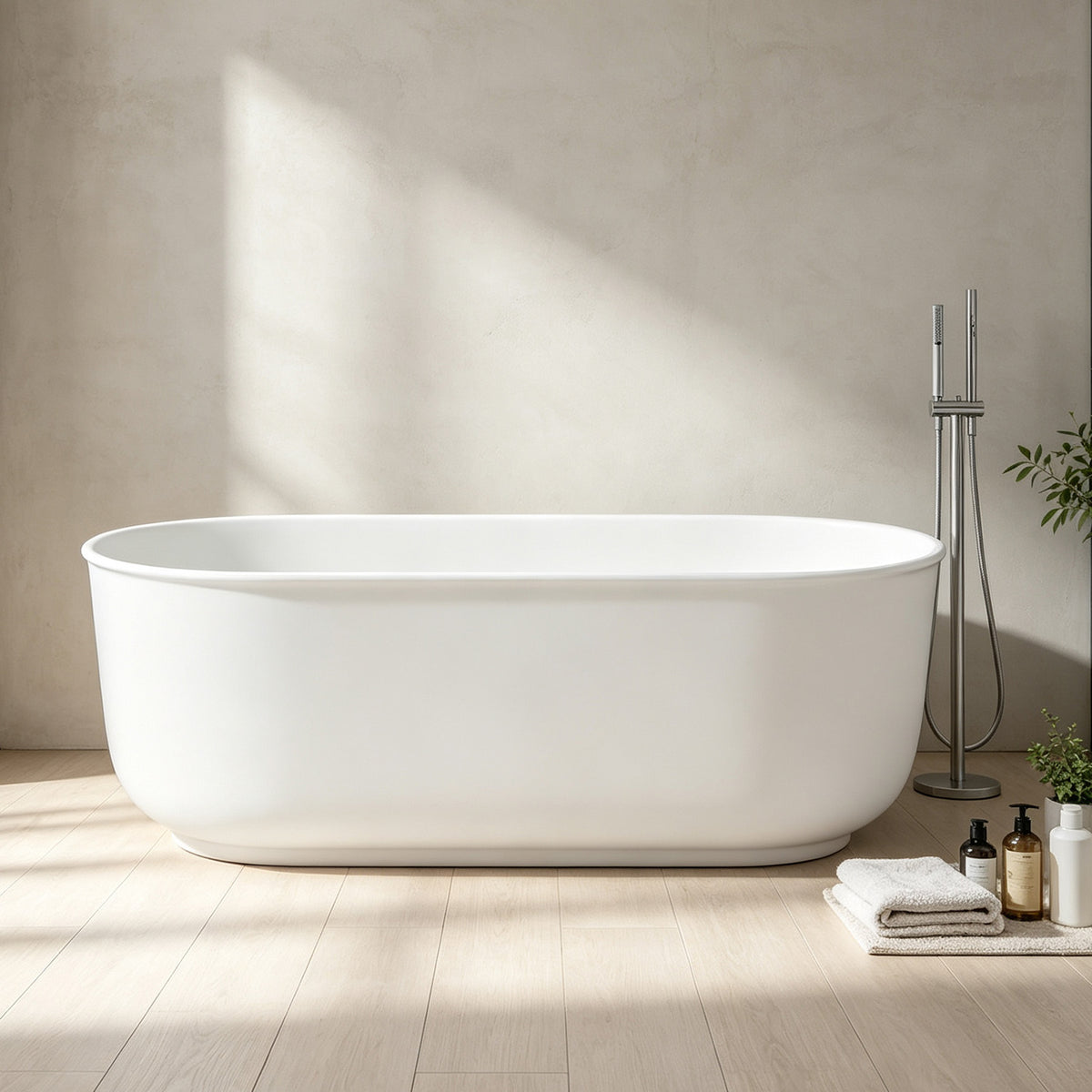 67 in. Oval Solid Surface Freestanding Soaking Bathtub with Overflow, Matte White