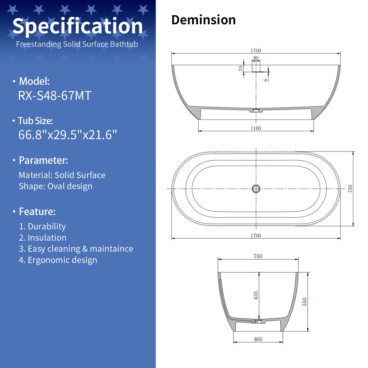 67 in. Ink Marble Solid Surface Freestanding Soaking Bathtub