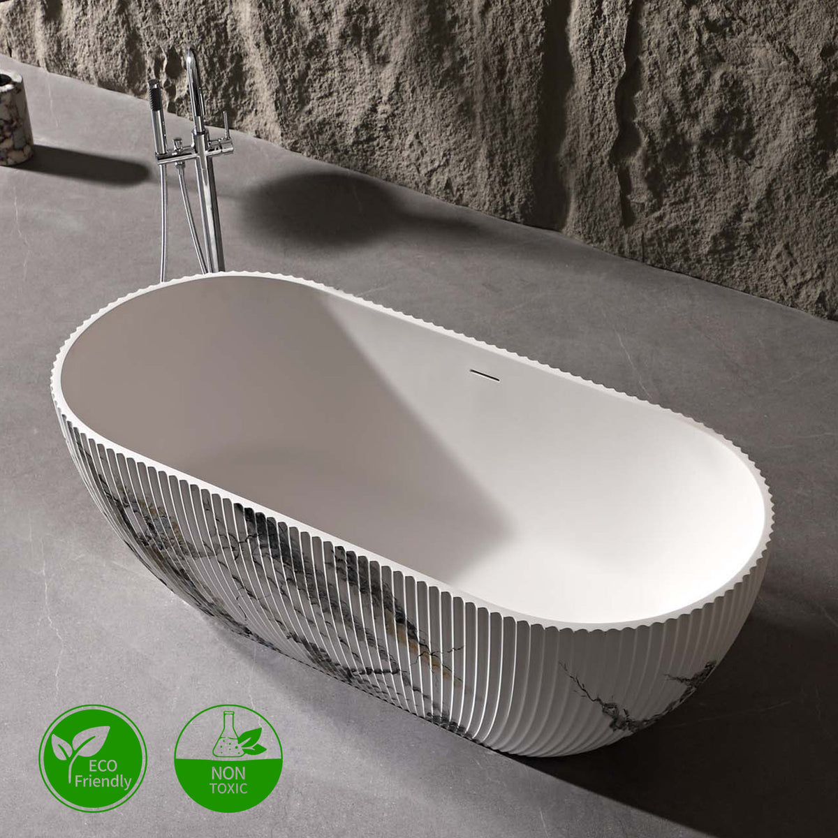 67 in. Ink Marble Solid Surface Freestanding Soaking Bathtub