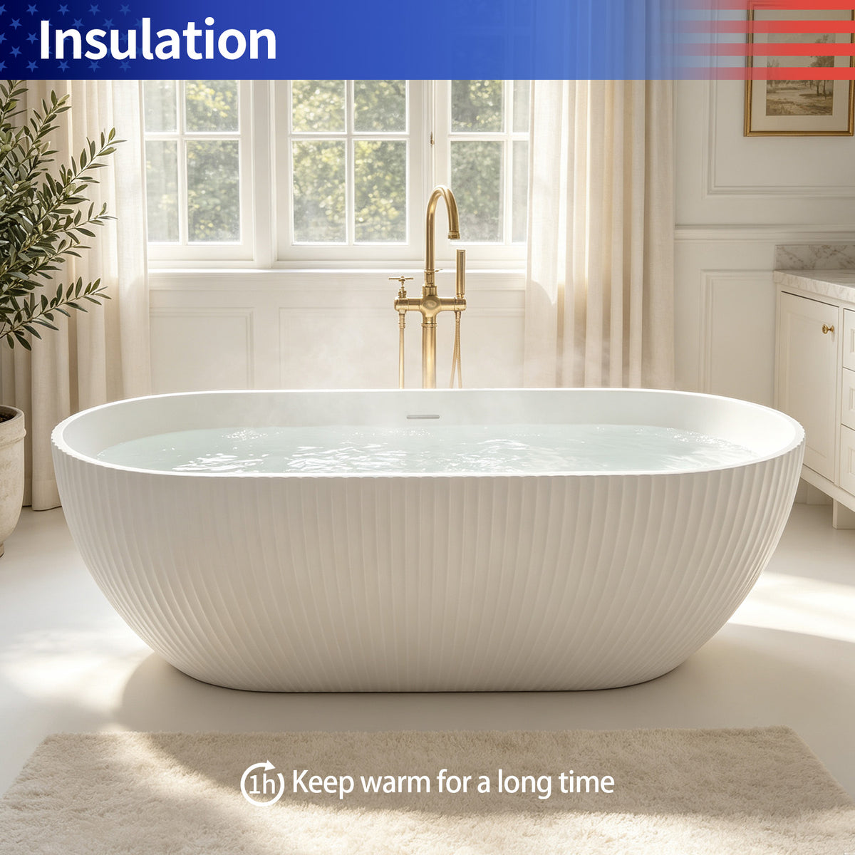 67 in. Vertical Fluted Solid Surface Freestanding Soaking Bathtub, Matte White