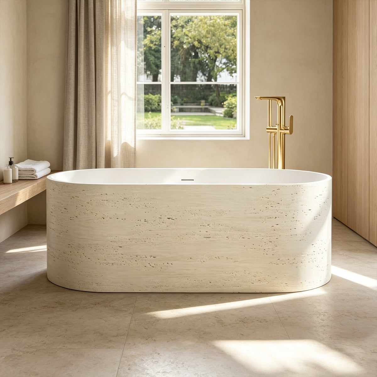 63 in. Stone Pattern Solid Surface Freestanding Soaking Bathtub, Matte White Interior