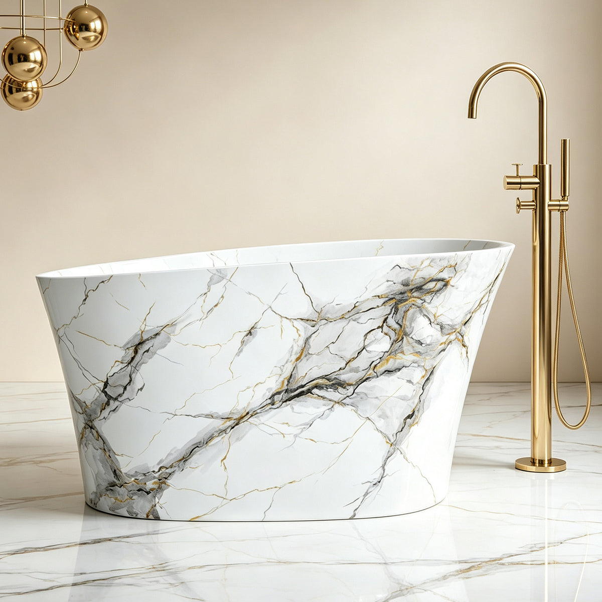 51 in. Solid Surface Japanese Soaking Bathtub with Built-in Seat, Marble Pattern
