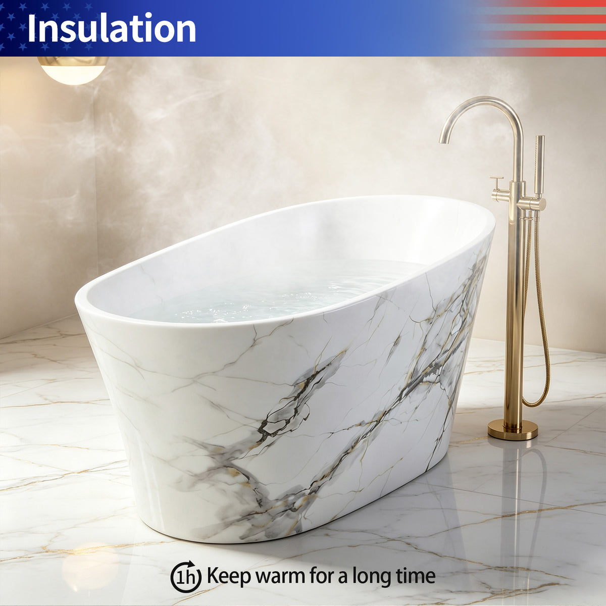 51 in. Solid Surface Japanese Soaking Bathtub with Built-in Seat, Marble Pattern