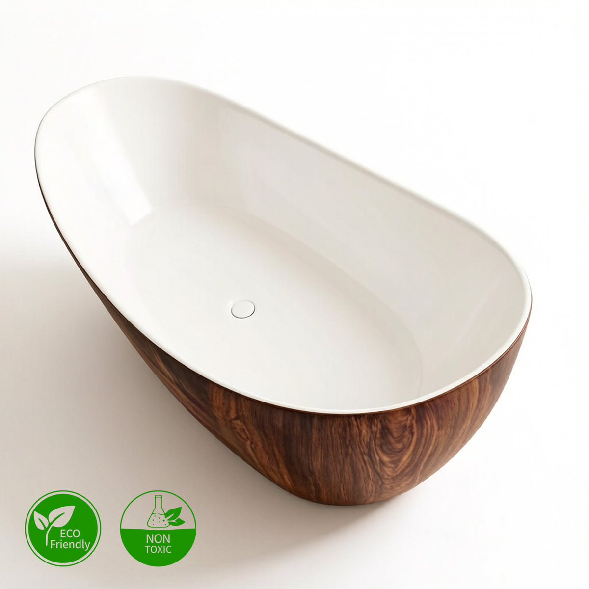 67 in. Wood Texture Solid Surface Freestanding Soaking Bathtub, Stone Resin