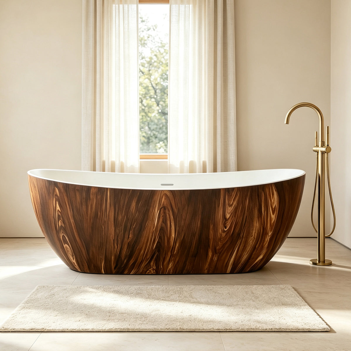 67 in. Wood Texture Solid Surface Freestanding Soaking Bathtub, Stone Resin