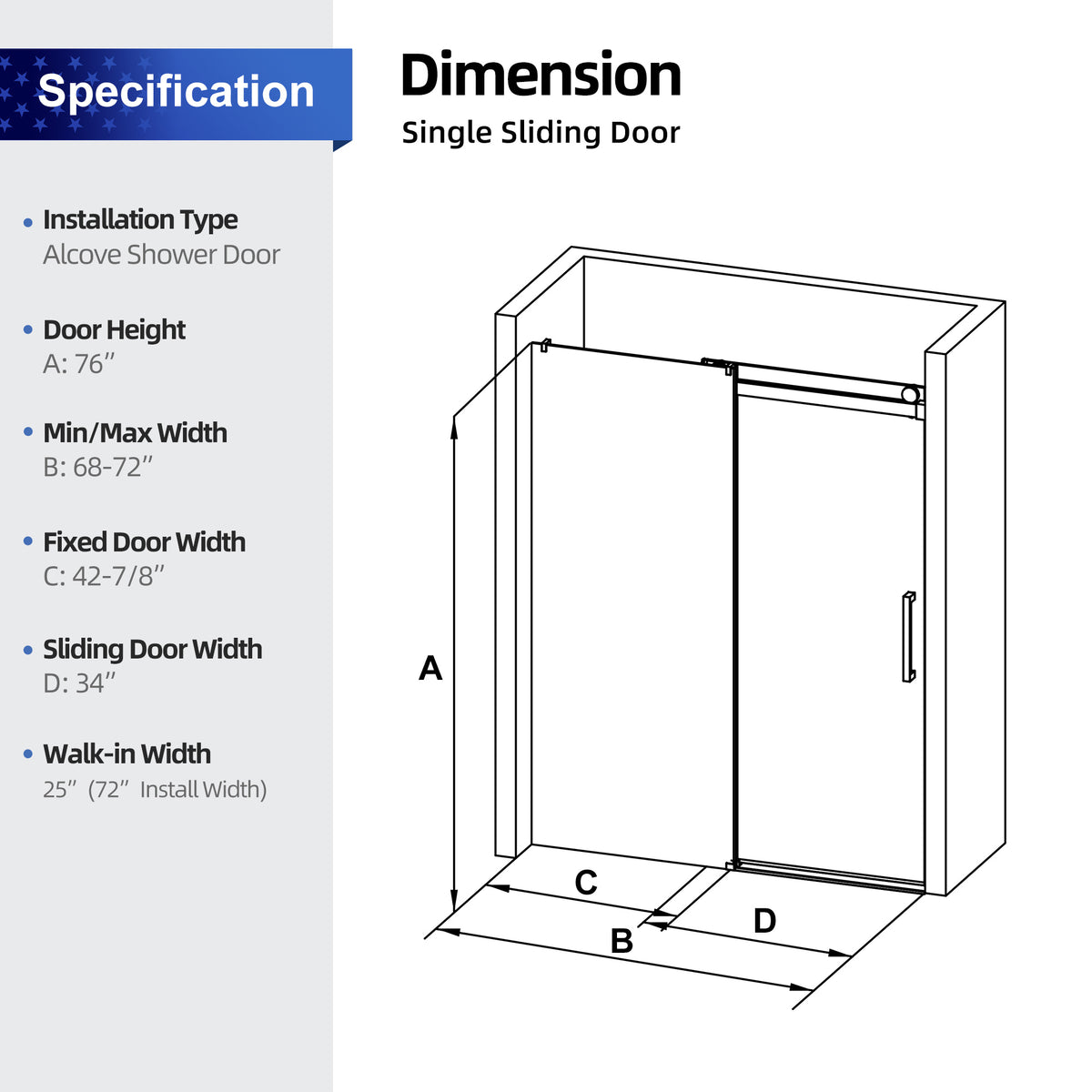 RAINLEX 68-72 in. W x 76 in. H Sliding Frameless Shower Door, 3/8 in. Tempered Glass in Matte Black