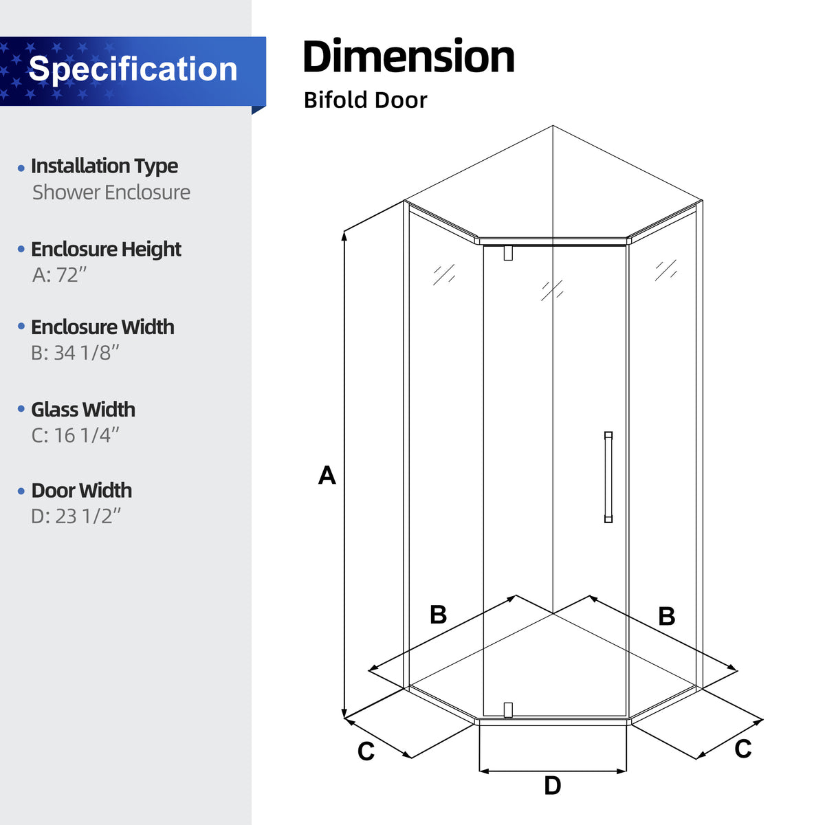 341/8" x 72" SemiFrameless NeoAngle Hinged Shower Enclosure in Brus