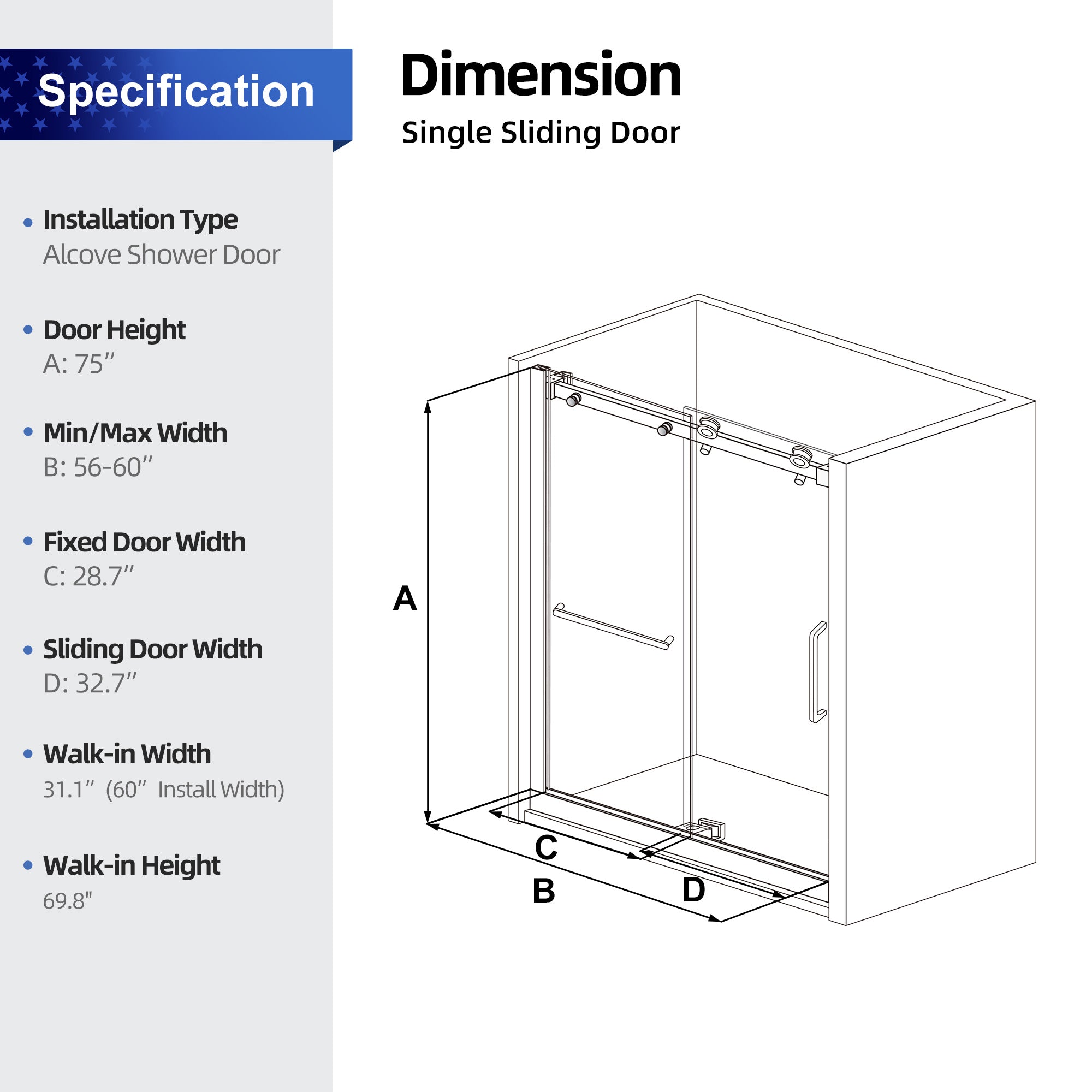 56-60" W x 75" H Semi-Frameless Sliding Shower Door, 8mm Tempered Glass, Chrome