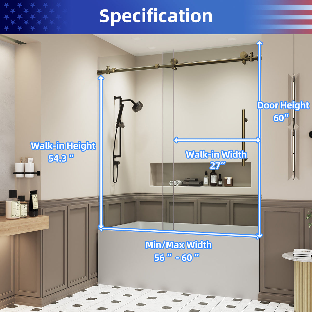 RAINLEX 56-60" W x 60" H Frameless Sliding Shower Door in Stainless Steel