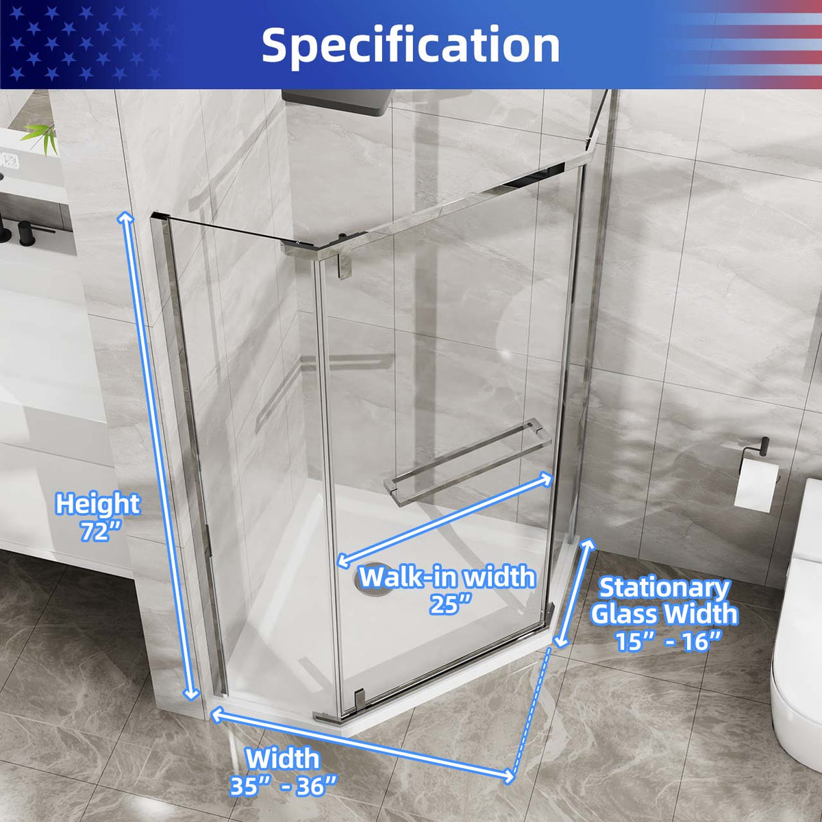 RAINLEX 36 in. x 36 in. x 72 in. Neo-Angle Frameless Shower Enclosure