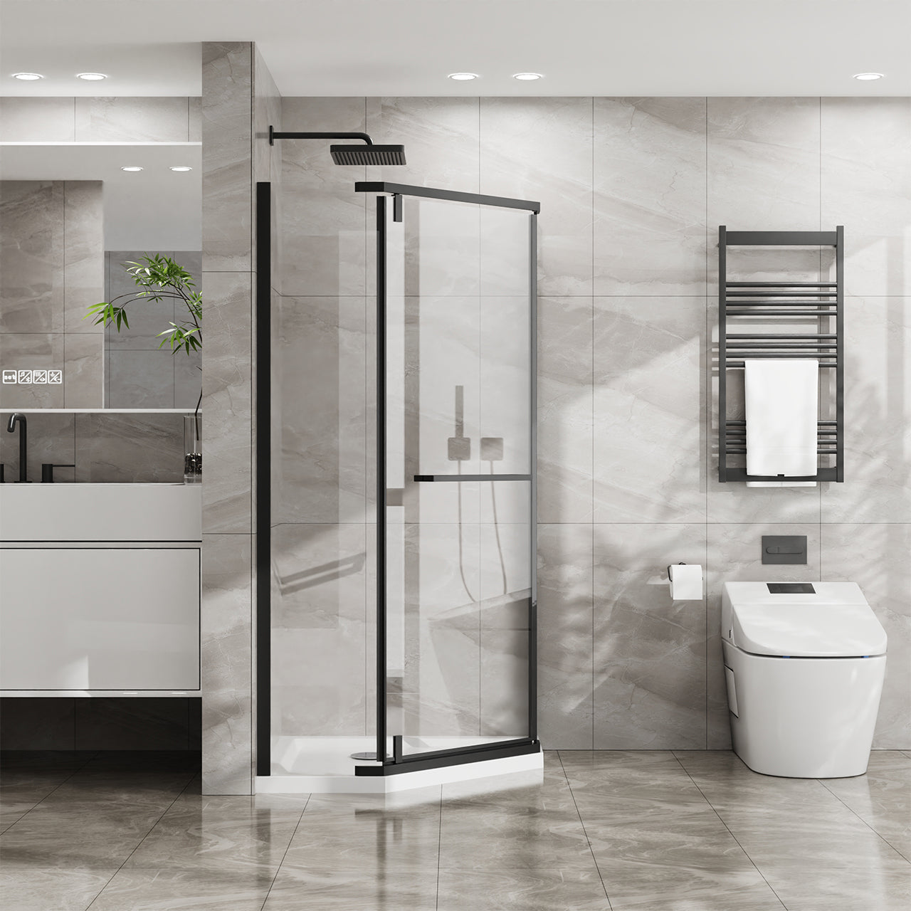 Rainlex 36" x 36" x 72" Neo-Angle Frameless Shower Enclosure, Clear Tempered Glass