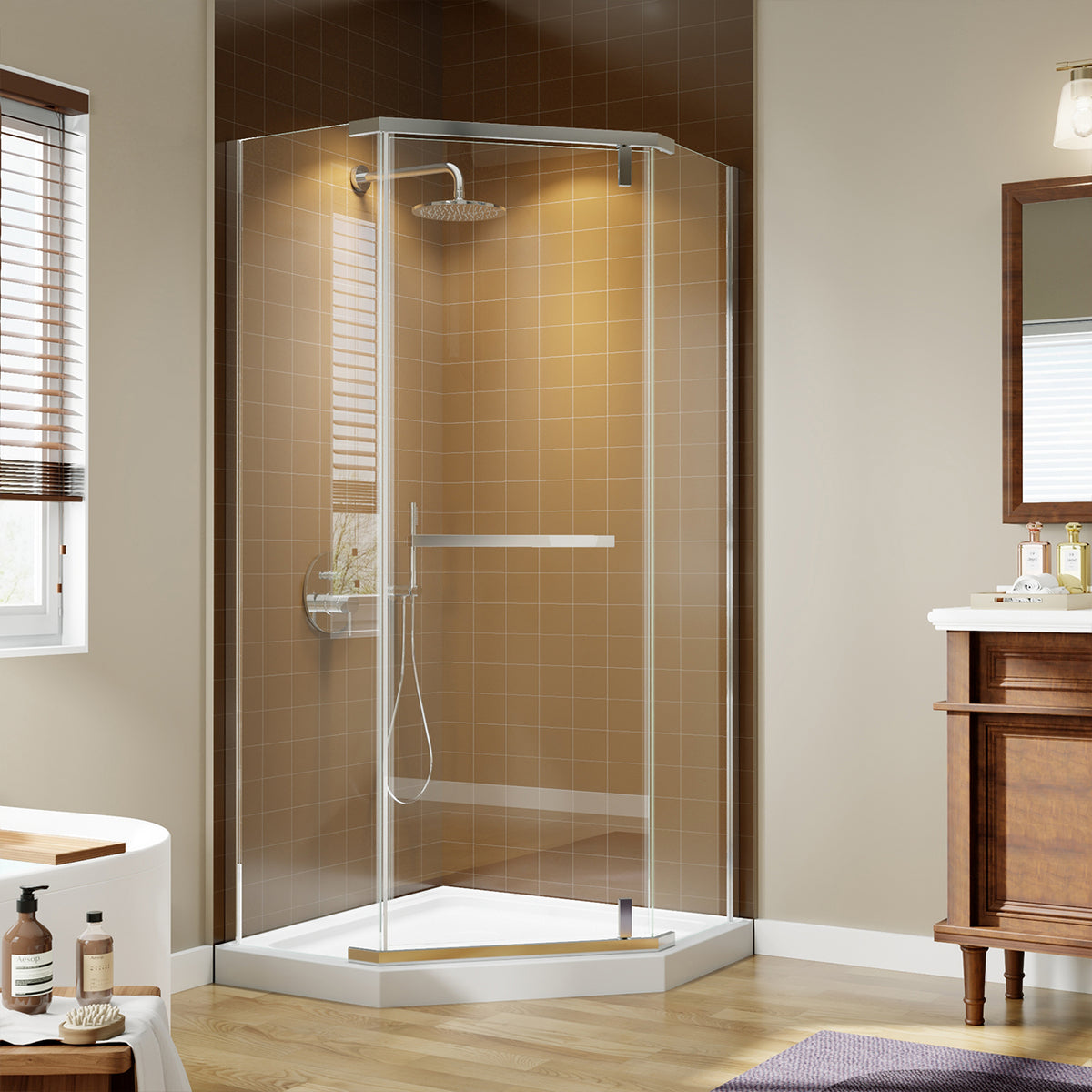 RAINLEX 36 in. x 72 in. Neo-Angle Pivot Frameless Shower Door