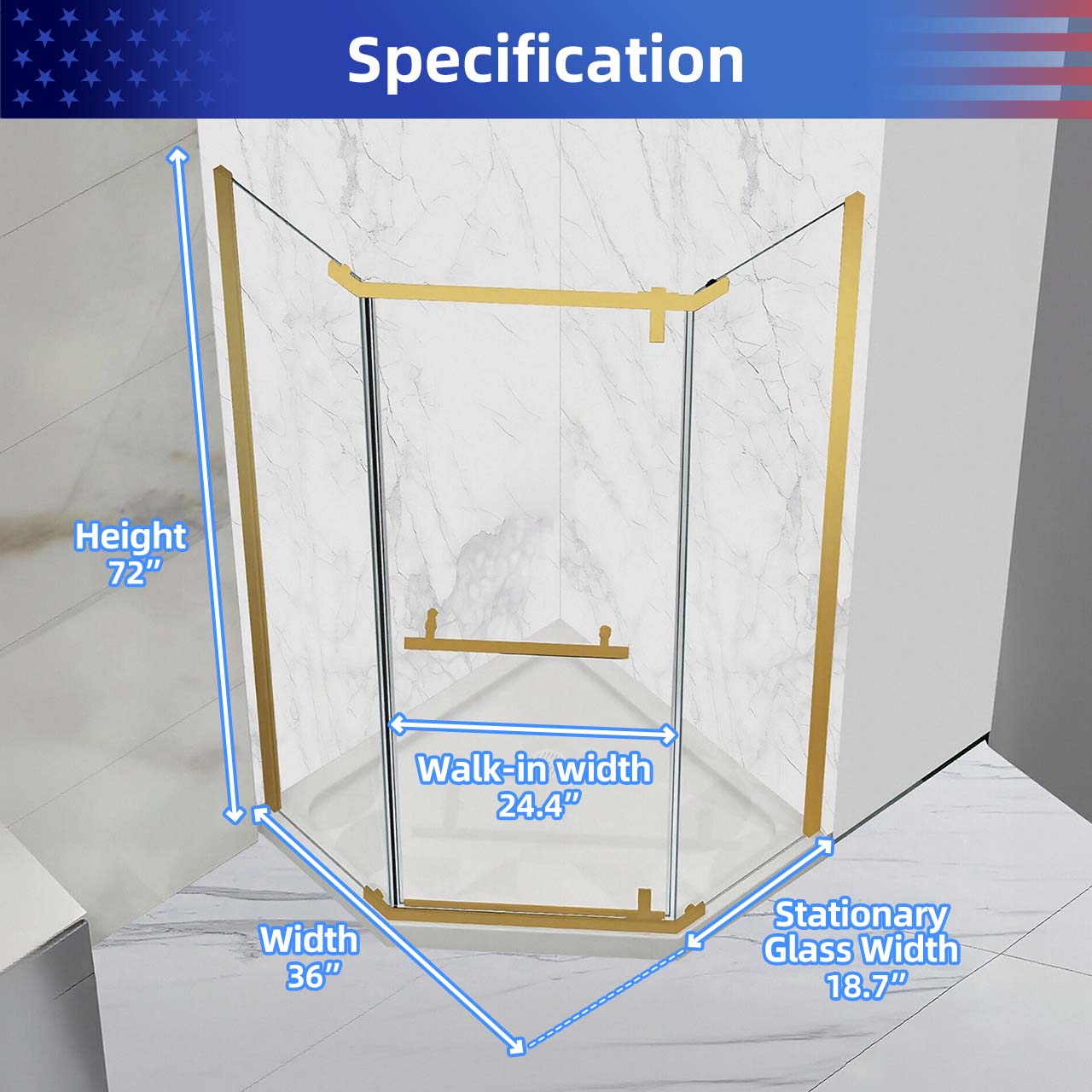 Rainlex 36" x 72" Pivot Frameless Shower Door, 6mm Tempered Glass