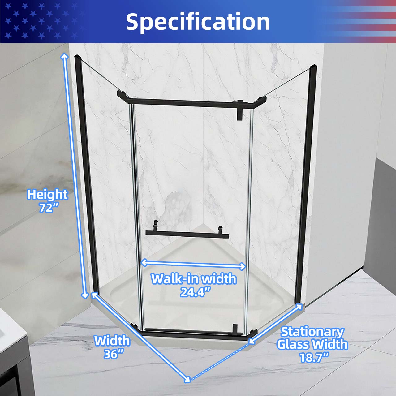 Rainlex 36" x 72" Pivot Frameless Shower Door, 6mm Tempered Glass
